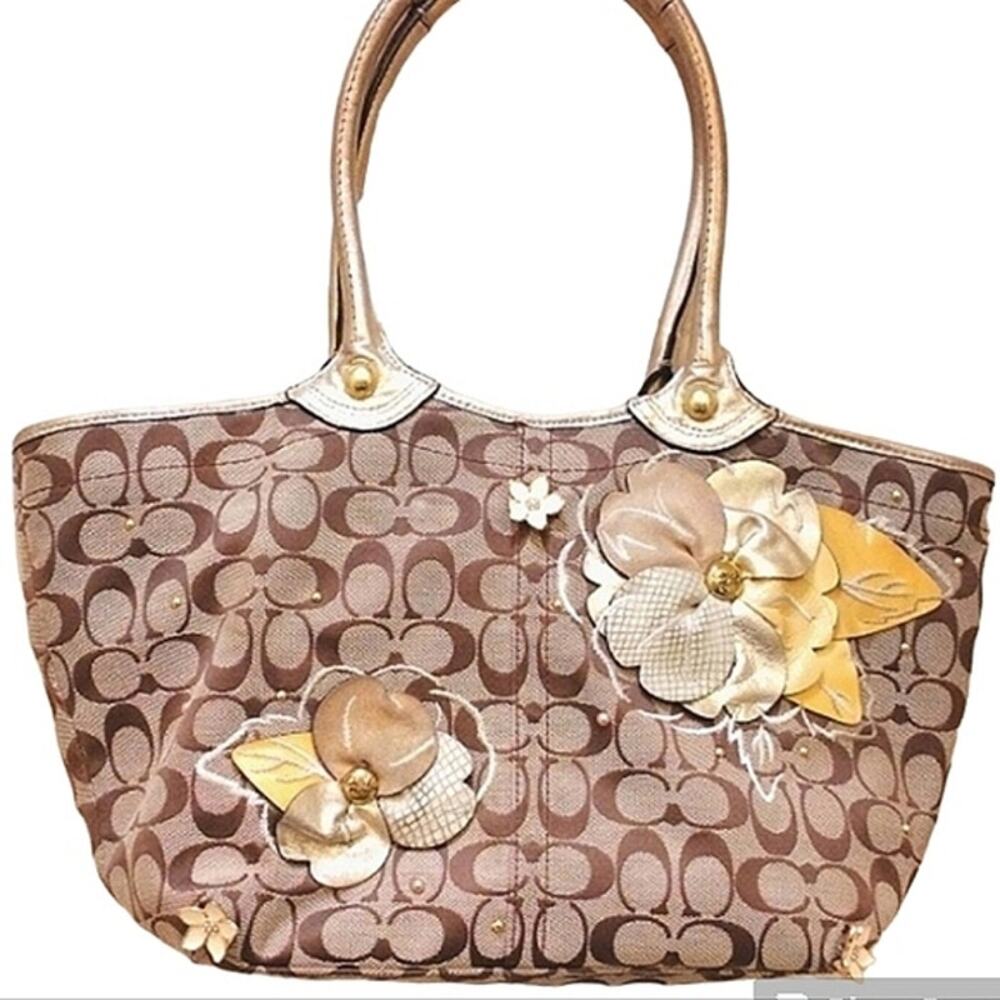 COACH Monogram Canvas Shoulder Bag Purse Large 16x9 GOLD Leather Flowers Handles - Picture 2 of 16